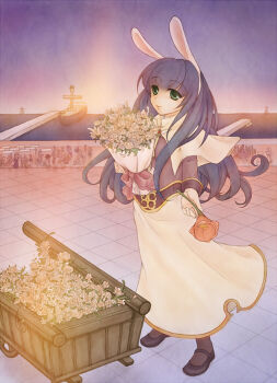 Rule 34 | 1girl, acolyte (ragnarok online), animal ears, aries end, black shoes, blue sky, boat, bouquet, brown shirt, brown socks, capelet, clear sky, closed mouth, commentary request, dock, fake animal ears, flower, full body, green eyes, holding, holding bouquet, in-universe location, long hair, long sleeves, looking at viewer, orange flower, outdoors, pier, pullcart, purple hair, ragnarok online, shirt, shoes, skirt, sky, smile, socks, solo, sunset, textless version, watercraft, white capelet, white flower, white skirt