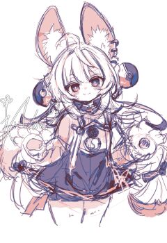 1girl ahoge animal_ear_fluff animal_ear_piercing animal_ears blush braid braided_twintails bright_pupils closed_mouth commentary cowboy_shot furry furry_female head_tilt highres ichiya_refi long_hair looking_at_viewer rabbit_girl red_eyes screw short_eyebrows signature simple_background sketch smile solo symbol-only_commentary thick_eyebrows white_background white_pupils zenless_zone_zero zhao_(zenless_zone_zero)