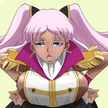 1girl bent_over blue_eyes bouncing_breasts breasts catherine_sabathra code_geass code_geass:_dakkan_no_roze dark-skinned_female dark_skin darkearrings hands_on_own_hips highres jewelry large_breasts leaning_forward long_hair open_mouth pink_hair sideboob twintails