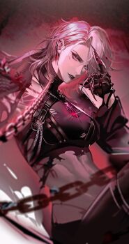 1girl absurdres chain chain_leash collar cowboy_shot highres kong_tiao_bo_zi leash looking_at_viewer midriff path_to_nowhere short_hair sitting solo white_hair zoya_(path_to_nowhere)