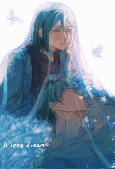 1boy 1girl black_hair blue_flower bug butterfly commentary couple em1607230229543 english_commentary english_text eren_yeager facial_scar flower flower_bed forget-me-not_(flower) grey_jacket grey_shirt hair_between_eyes hetero highres holding_hands insect jacket lap_pillow looking_at_another mikasa_ackerman red_scarf scar scar_on_cheek scar_on_face scarf shingeki_no_kyojin shirt short_hair upper_body veil white_background