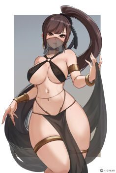 1girl alternate_costume android artist_name belly_chain black_hair breasts brown_eyes commentary covered_erect_nipples dancer earrings eve_(stellar_blade) highres hioyami hoop_earrings jewelry large_breasts long_hair looking_at_viewer mouth_veil navel navel_piercing o-ring parted_lips pelvic_curtain piercing ponytail revealing_clothes simple_background smile solo stellar_blade thighlet veil very_long_hair