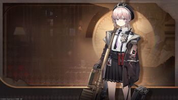 Rule 34 | 1girl, absurdres, ahoge, anti-materiel rifle, bag, beret, black gloves, black hat, black necktie, black skirt, bolt action, brown jacket, chest strap, cheyanne (girls' frontline 2), cheytac m200, chinese commentary, collared shirt, commentary request, copyright notice, feet out of frame, girls' frontline, girls' frontline 2: exilium, gloves, grey hair, gun, hair between eyes, hat, highres, holding, holding bag, id card, jacket, long hair, long sleeves, low ponytail, m200 (girls' frontline), magazine (weapon), necktie, official art, official wallpaper, open clothes, open jacket, pleated skirt, ponytail, rifle, shirt, sidelocks, skirt, sniper rifle, solo, standing, walkie-talkie, weapon, white shirt, zoom layer