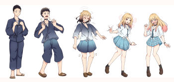 1boy 1girl absurdres black_eyes black_hair black_socks blonde_hair blue_skirt blush breasts brown_shoes character_transformation choker clenched_teeth closed_eyes earrings genderswap genderswap_(mtf) gojou_wakana gyaru highres jewelry kitagawa_marin long_hair medium_breasts multicolored_hair necktie open_mouth pink_eyes pink_nails pleated_skirt samue sandals school_uniform sequential shirt shoes skirt socks sono_bisque_doll_wa_koi_wo_suru surprised teeth transformation transforming_clothes two-tone_hair unmeiyuu white_shirt