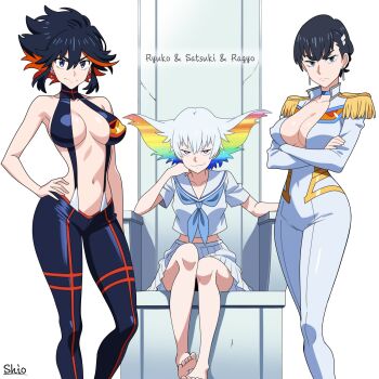3girls aged_down aged_up alternate_hair_length alternate_hairstyle artist_name bare_shoulders barefoot black_hair black_pants blue_choker blue_eyes blue_neckerchief bodysuit breasts character_name choker cleavage colored_inner_hair covered_navel cowboy_shot crossed_arms earrings epaulettes frown grey_hair hair_ornament hand_on_own_hip highres honnoji_academy_school_uniform jewelry junketsu kill_la_kill kiryuuin_ragyou kiryuuin_satsuki large_breasts long_hair looking_at_viewer matoi_ryuuko medium_hair miniskirt mother_and_daughter multicolored_hair multiple_girls navel neckerchief pants pleated_skirt purple_eyes rainbow_hair red_hair sailor_collar school_uniform senketsu shio_(zsp1jqohfr12495) shirt short_hair siblings simple_background sisters sitting_on_throne skirt smile stomach streaked_hair suspenders throne white_background white_bodysuit white_sailor_collar white_shirt white_skirt