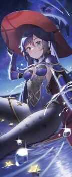 1girl aqua_eyes asymmetrical_bangs black_pantyhose blue_hair blue_hat blue_leotard blurry breasts closed_mouth depth_of_field genshin_impact gold_trim hat highres leotard long_hair looking_at_viewer medium_breasts mona_(genshin_impact) night night_sky pantyhose red_hat revision ribs sky smile solo star_(symbol) stargazing twintails two-tone_headwear water_drop witch_hat yuujin_(yuzinn333)