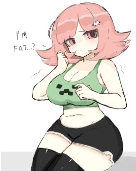 1girl absurdres bare_shoulders black_shorts black_thighhighs breasts brown_hair cleavage creeper danganronpa_(series) danganronpa_2:_goodbye_despair flipped_hair green_shirt hair_ornament highres large_breasts long_hair looking_at_viewer m3link minecraft mole mole_on_breast nanami_chiaki navel pink_eyes plump shirt shorts simple_background sitting solo stomach taut_clothes taut_shorts thighhighs