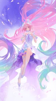 1girl aqua_hair bare_shoulders breasts cyrene_(demiurge)_(honkai:_star_rail) cyrene_(honkai:_star_rail) diamond-shaped_pupils diamond_(shape) dress halo hashtag-only_commentary high_heels highres honkai:_star_rail honkai_(series) kiraandfriends large_breasts long_hair looking_at_viewer multicolored_hair pink_hair pointy_ears purple_eyes sky smile solo star_(sky) starry_sky symbol-shaped_pupils very_long_hair white_dress white_hair