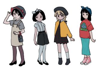 4girls beret black_eyes black_hair blonde_hair bow dress gosari_draw hair_bow hat highres long_sleeves looking_at_viewer multiple_girls original pantyhose ribbon shirt shoes short_hair short_sleeves simple_background skirt socks white_background