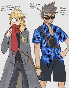 2boys absurdres aged_up ahoge bag bespectacled blue_eyes casual chest_hair dadeltan english_text facial_hair glasses goatee hawaiian_shirt highres leg_hair long_coat long_hair low-tied_long_hair multiple_boys red_scarf rex_(xenoblade) round_eyewear scarf shirt shorts shulk_(xenoblade) spiked_hair sunglasses tote_bag xenoblade_chronicles_(series) xenoblade_chronicles_1 xenoblade_chronicles_3 xenoblade_chronicles_3:_future_redeemed