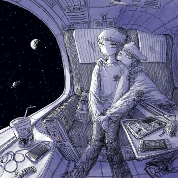 Rule 34 | 2girls, absurdres, arm around shoulder, bag, beanie, cellphone, charging device, commentary request, cup, disposable coffee cup, disposable cup, drinking straw, ear piercing, earrings, food, greyscale, handheld game console, hat, hatching (texture), highres, hood, hood down, hug, jewelry, juice carton, long sleeves, looking outside, monochrome, multiple girls, original, pants, phone, piercing, planet, ryaw, science fiction, short hair, sitting, smartphone, space, spacecraft interior, spot color, star (sky), tray, yuri