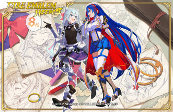 Rule 34 | 1boy, 1girl, female alear (fire emblem), androgynous, anniversary, blue eyes, blue hair, boots, breasts, cape, cone hair bun, diamond cutout, fire emblem, fire emblem engage, fire emblem heroes, hair bun, high heel boots, high heels, ichikawa haru, knee guards, long hair, medium breasts, multicolored hair, nintendo, official art, red eyes, red hair, rosado (fire emblem), smile, sommie (fire emblem), split-color hair, thighhighs, very long hair