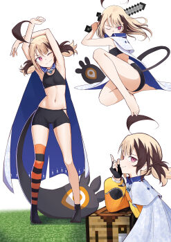 1girl absurdres ahoge armpits bare_legs barefoot black_gloves black_shirt black_shorts black_socks breasts brown_hair cd_usr cloak closed_mouth clothing_cutout commentary crop_top english_commentary enigmatic_recollection feet fingerless_gloves floating_hair full_body gigi_murin gigi_murin_(1st_costume) gloves hair_down highres hip_vent holding holding_sword holding_weapon hololive hololive_english huge_ahoge index_finger_raised jacket long_hair long_sleeves looking_at_viewer looking_to_the_side midriff minecraft minecraft_sword multicolored_hair multiple_views navel no_shoes one_eye_closed orange_jacket pink_eyes profile puffy_long_sleeves puffy_sleeves shirt short_shorts shorts sideways_glance simple_background single_thighhigh sleeveless sleeveless_shirt small_breasts smile socks standing stretching striped_clothes striped_thighhighs sword tail thighhighs toes twintails two-tone_hair virtual_youtuber weapon white_background white_cloak