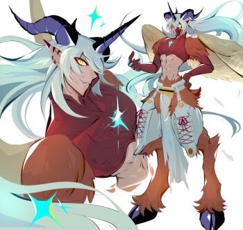 1boy aegiochusmon animal_legs armor body_fur brown_fur chest_jewel digimon digimon_(creature) feathered_wings goat_boy grey_hair half_mask highres horns luryxia male_focus mask multiple_views pointy_ears red_armor simple_background upper_body white_background wings yellow_eyes