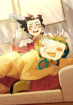 1boy animal animal_on_lap ant_tenna ant_tenna_(sphinx) black_hair blush_stickers closed_eyes colored_skin couch crt deltarune highres jacket lint_roller long_nose male_focus object_head on_couch on_lap pants pointy_nose red_jacket red_pants shoes short_hair spamton_g._spamton spamton_g._spamton_(big_shot) sphinx striped_wall tongue tongue_out utdr_(toby_fox) valve_core white_skin yellow_shoes