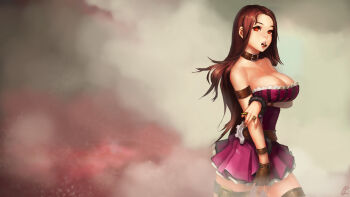 1girl bare_shoulders belt breast_hold breast_lift breasts brown_hair bullet bullet_in_mouth caitlyn_(league_of_legends) cleavage cuffs female_focus fingerless_gloves forehead fuzzy_handcuffs gloves handcuffs highres instant_ip large_breasts league_of_legends long_hair mouth_hold no_headwear red_eyes single_glove skirt solo