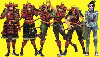 1girl ;d ;p arm_at_side arm_out_of_sleeve armor bare_arms biting black_footwear black_hair black_pants chinstrap clothing_cutout commentary crescent crescent_hat_ornament english_commentary fighting_stance foot_up full_armor gorget green_kimono hand_up hands_up hat_ornament helmet highres hip_vent holding holding_unworn_clothes holding_unworn_helmet japanese_armor japanese_clothes kabuto_(helmet) kimono knees_together_feet_apart knights_of_the_wandering_castle kote kusazuri lady_kitakaze_no_shodan legs_apart long_hair looking_at_viewer luny multiple_views one_eye_closed open_mouth pants pauldrons plate_armor ponytail red_footwear rope samurai scabbard sheath sheathed shin_guards shoes short_kimono shoulder_armor sidelocks single_sleeve smile sneakers sode standing standing_on_one_leg suneate toned toned_female tongue tongue_out torn_clothes torn_sleeves unsheathed unworn_headwear unworn_helmet