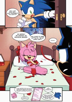 1boy 1girl 3koma :o absurdres amy_rose ass barefoot bed bedroom blue_fur blue_hair blush carrying carrying_person cellphone chat_log closed_eyes comic completely_nude door eyelashes feet flat_chest gloves highres htdoodles huge_filesize in_bed indoors medium_hair nude bad_tag open_door petals phone photo_(medium) pillow pink_fur pink_hair playing ponytail sega shocked_pupils silly_face smile sonic_(series) sonic_frontiers sonic_the_hedgehog spiked_hair surprised sweat sweatdrop tail toes warped warped_body worried worried