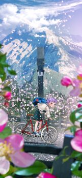 1boy absurdres aged_down backpack bag bicycle bicycle_basket black_shorts blue_bag blue_eyes blue_shoes blue_sky blurry blurry_foreground blush child cloud cloudy_sky commentary_request day depth_of_field epel_felmier falling_petals fence flower highres lamppost leaf leaning_forward long_sleeves looking_at_viewer male_focus mau_sakura mountain mountainous_horizon open_mouth outdoors petals pink_flower pink_petals purple_hair riding riding_bicycle scenery school_bag school_uniform shirt shoes short_hair shorts signature sky sneakers socks solo spring_(season) sweat twisted_wonderland twitter_username white_flower white_shirt white_socks wide_shot