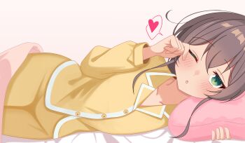 Rule 34 | 1girl, :o, absurdres, bed sheet, blush, brown hair, collarbone, collared shirt, commentary request, crossed bangs, green eyes, hair between eyes, hand under pillow, heart, highres, hololive, long hair, looking at viewer, lying, mitsuboshi nuko, natsuiro matsuri, on bed, on side, one eye closed, pajamas, pants, parted lips, pink blanket, pink pillow, puffy sleeves, rubbing eyes, sepia background, shirt, solo, spoken heart, under covers, virtual youtuber, yellow pajamas, yellow pants, yellow shirt, yellow sleeves