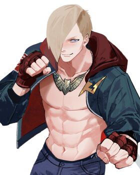 1boy abs asymmetrical_hair blonde_hair blue_eyes blue_jacket clenched_hands denim ed_(street_fighter) fighting_stance fingerless_gloves gloves gold_necklace hair_over_one_eye hexermer highres hood hoodie jacket jeans jewelry male_chest male_focus necklace open_clothes open_hoodie pants red_gloves simple_background smile solo street_fighter street_fighter_6 toned toned_male white_background