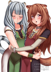 2girls :o absurdres animal_ear_fluff animal_ears artist_name atla_fayon blunt_bangs blush boosty_username braid braided_twintails breasts brown_hair child closed_eyes closed_mouth collarbone commentary covered_groin dated discord_username double-parted_bangs dress english_commentary eyelashes facebook_username facing_viewer fanbox_username green_dress hair_between_eyes highres hug ibli51 layered_dress long_hair looking_at_viewer messy_hair metal_wrist_cuffs multicolored_hair multiple_girls open_mouth parted_bangs patreon_username pinstripe_dress pinstripe_pattern raccoon_ears raccoon_girl raccoon_tail raphtalia red_dress red_eyes shiny_skin short_sleeves sleeves_past_wrists small_breasts smile straight_hair tail tate_no_yuusha_no_nariagari teeth tiger_ears tiger_girl tiger_tail twitter_username two-tone_dress two-tone_hair upper_teeth_only white_dress white_hair wrist_cuffs yellow_wrist_cuffs