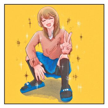 1boy :d black_socks blue_sandals blue_skirt blush brown_hair closed_eyes collared_shirt commentary_request crossdressing crossdressing_(mtf) full_body futsunonakawa futsuu_no_keion-bu long_hair long_sleeves male_focus name_tag open_mouth pleated_skirt red_sweater sandals school_uniform shirt skirt slides smile socks solo sparkle squatting sweater swept_bangs takami_kouki trap v white_shirt yellow_background