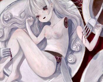 1girl blood breasts candy_gore commentary_request completely_nude fork guro highres illusion_cake knife long_hair monou_pico nipples nude original plate red_eyes severed_arm severed_limb severed_torso small_breasts smile solo tears white_hair