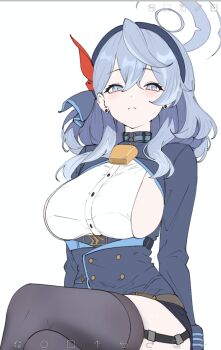 1girl ako_(blue_archive) arms_behind_back art_program_in_frame bell black_hairband black_skirt black_thighhighs blue_archive blue_eyes blue_hair blue_halo blue_jacket blush breasts buttons closed_mouth commentary cowbell crossed_legs double-breasted double-parted_bangs earrings eyelashes feet_out_of_frame frown garter_straps hair_between_eyes hair_ribbon hairband halo highres ibispaint_(medium) jacket jewelry large_breasts looking_at_viewer medium_hair miniskirt neck_bell open_clothes open_jacket red_ribbon ribbon shirt sideboob sideless_shirt sidelocks simple_background skirt solo split_mouth stud_earrings thighhighs wa_sumi white_background white_shirt