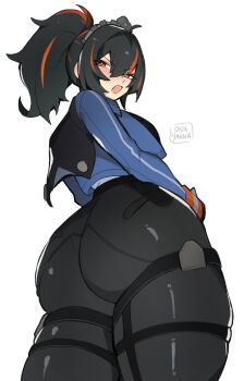1girl absurdres ass ass_focus black_hair blue_jacket breasts hair_between_eyes hairband high-waist_pants highres huge_ass jacket long_hair looking_at_viewer medium_breasts metal_hairband multicolored_hair oniyanna pants pear-shaped_figure police police_uniform policewoman ponytail red_hair solo streaked_hair thick_thighs thighs tight_clothes tight_pants wide_hips zenless_zone_zero zhu_yuan