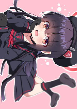 1girl absurdres black_gloves black_hair black_hat black_sailor_collar black_shirt black_shoes black_skirt black_socks blue_archive blunt_bangs blush commentary_request crossed_ankles eyes_visible_through_hair gloves hair_over_eyes hand_on_own_cheek hand_on_own_face hat highres hosinonana justice_task_force_member_(blue_archive) long_hair looking_at_viewer lying on_stomach open_mouth partial_commentary red_eyes red_ribbon ribbon sailor_collar shirt shoes sidelocks skirt socks solo the_pose