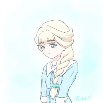 1girl alternate_hairstyle aqua_scrunchie artist_name bead_necklace beads blonde_hair blue_background blue_dress blue_eyes blunt_bangs braid buttons closed_mouth collarbone collared_dress commentary contrast_collar dress fuefukipiper gradient_background half-closed_eyes half_updo jewelry long_hair looking_at_viewer necklace nekoyashiki_yuki precure scrunchie short_dress signature single_braid smile solo three-quarter_sleeves two-tone_background upper_body white_background wonderful_precure!
