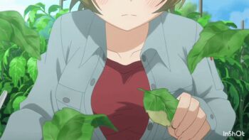 1girl animated animated_gif anime_screenshot bouncing_breasts breast_focus breasts brown_hair close-up garden jumpsuit large_breasts nakazawa_minori no-rin open_jumpsuit red_shirt shirt short_hair