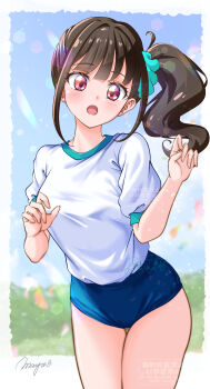 1girl absurdres aqua_scrunchie blue_buruma blue_sky blush breasts brown_hair buruma commentary_request day gym_shirt gym_uniform highres kakikakilemon looking_at_viewer nekoyashiki_mayu open_mouth outdoors precure purple_eyes scrunchie shirt short_sleeves side_ponytail sky smile solo wonderful_precure!