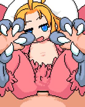 1boy 1girl ahoge akai_(ugokashitari) animated animated_gif bar_censor blonde_hair blue_eyes censored cloaca cum cum_in_cloaca ejaculation feathers flat_chest happy_sex harpy harpy_(akai) hetero holding_feet interlocked_fingers loli long_hair looking_at_viewer missionary monster_girl navel nipples original penis pixel_art pov pov_crotch pov_hands red_feathers red_wings sex winged_arms wings