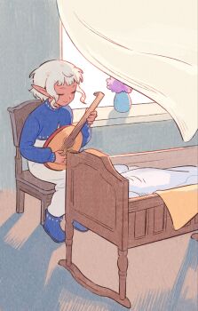 Rule 34 | 1boy, absurdres, androgynous, boots, closed eyes, cradle, cropped jacket, curtains, dark-skinned male, dark skin, dungeon meshi, elf, highres, holding, holding instrument, instrument, long sleeves, male focus, mandolin, music, pants, playing instrument, pointy ears, short hair, sidelocks, sitting, smile, solo, thistle (dungeon meshi), tolikoo, vase, white hair, window