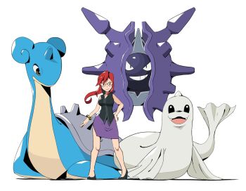 Rule 34 | 1girl, black shirt, black shoes, bracelet, closed mouth, cloyster, commentary, dewgong, gen 1 pokemon, glasses, hand on own hip, highres, jewelry, knees, lapras, long hair, looking at viewer, lorelei (pokemon), nintendo, pokemon, pokemon (creature), pokemon frlg, psaber97, purple skirt, red hair, shirt, shoes, sidelocks, skirt, sleeveless, sleeveless shirt, smile, standing, white background