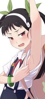 1girl absurdres anime_coloring armpit_focus armpits backpack bag black_hair blue_skirt blush fang green_ribbon hachikuji_mayoi hair_ribbon hairband highres loli looking_at_viewer monogatari_(series) na-suke pink_eyes presenting_armpit revision ribbon shirt simple_background skin_fang skirt solo suspender_skirt suspenders twintails white_background white_hairband white_shirt