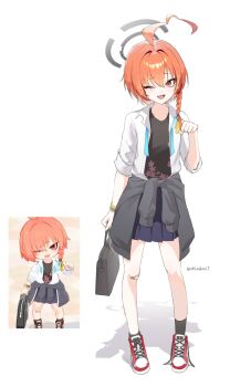 1girl ;d bag bandaid bandaid_on_knee bandaid_on_leg black_halo black_shirt blue_archive braid chiadan7 collared_shirt fang floral_print_shirt hair_between_eyes halo hashtag-only_commentary highres holding holding_bag jacket long_hair looking_at_viewer mole mole_under_each_eye mole_under_eye multiple_moles neck_ribbon neru_(blue_archive) neru_(school_uniform)_(blue_archive) official_alternate_costume one_eye_closed open_mouth orange_eyes orange_hair paw_pose pleated_skirt red_shoes ribbon school_bag shirt shoes short_sleeves simple_background single_braid skin_fang skirt smile solo tied_jacket twitter_username undone_neck_ribbon untied_shoelaces white_background white_shirt