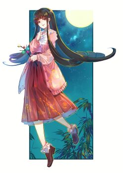 1girl adapted_costume alternate_costume black_hair blunt_bangs blunt_ends bow bowtie branch brown_shoes cardigan chinese_commentary commentary dated_commentary fingernails flipped_hair highres hime_cut holding holding_branch houraisan_chouko houraisan_kaguya index_finger_raised jeweled_branch_of_hourai long_hair long_sleeves looking_at_viewer moon night night_sky pink_cardigan pink_shirt red_skirt sailor_collar shirt shoes signature skirt sky smile solo star_(sky) touhou very_long_hair white_bow white_bowtie white_sailor_collar