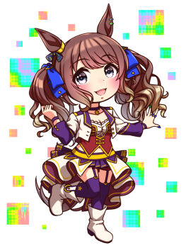1girl animal_ears blue_eyes blush bodice boots bow breasts brown_hair chibi chibi_only choker cleavage collarbone commentary_request corset cropped_jacket ear_bow full_body garter_straps highres horse_ears horse_girl horse_tail jacket long_hair long_sleeves looking_at_viewer medium_breasts midriff_peek multicolored_nails navel open_mouth overskirt pendant_choker purple_choker purple_garter_straps purple_thighhighs red_corset red_shorts shirt shorts smile solo standing standing_on_one_leg starting_future_(umamusume) sugimotty_nova tail thighhighs tosen_jordan_(umamusume) twintails umamusume white_boots white_jacket white_shirt wristband