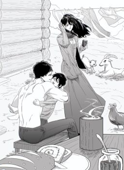 1boy 1girl 1other alternate_universe amantes404 barefoot bird black_hair bread breasts cabin cardigan chicken closed_eyes closed_mouth clothesline couple cup eren_yeager facial_scar family food goat greyscale hair_between_eyes hand_in_own_hair hetero holding holding_cup if_they_mated laughing light_smile loaf_of_bread long_hair long_skirt looking_at_another medium_breasts mikasa_ackerman monochrome open_mouth outdoors parent_and_child scar scar_on_cheek scar_on_face scarf shingeki_no_kyojin short_hair sitting skirt smile steaming_cup topless_male