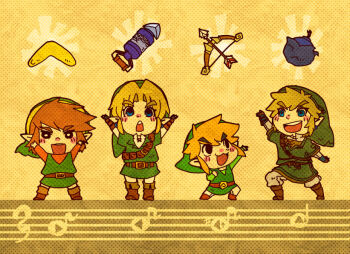4boys belt black_eyes blue_eyes bomb boomerang bow_(weapon) brown_hair earrings explosive gloves grapnel hat hook hookshot jewelry link male_focus motimamire multiple_boys multiple_persona musical_note nintendo pointy_ears smile the_legend_of_zelda the_legend_of_zelda:_a_link_to_the_past the_legend_of_zelda:_ocarina_of_time the_legend_of_zelda:_the_wind_waker the_legend_of_zelda:_twilight_princess toon_link weapon