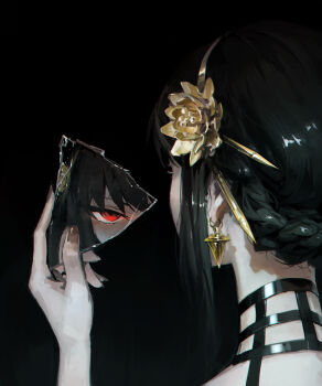 1girl artificial_flower black_background black_hair braid dino_(dinoartforame) fingernails flower from_behind hair_flower hair_ornament hairband highres holding long_hair looking_at_viewer nape photo-referenced red_eyes reflection shards sidelocks simple_background solo spy_x_family upper_body yellow_hairband yor_briar