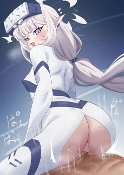 1boy 1girl ^^^ absurdres anus ass blue_archive blush bodysuit breasts clothed_female_nude_male clothed_sex commentary english_commentary halo head-mounted_display hetero highres himari_(armed)_(blue_archive) himari_(blue_archive) long_hair looking_at_viewer multicolored_halo nude official_alternate_costume open_mouth pointy_ears purple_eyes pussy_cutout reverse_cowgirl_position sex shirozaya small_breasts straddling two-tone_halo uncensored vaginal very_long_hair white_bodysuit white_hair
