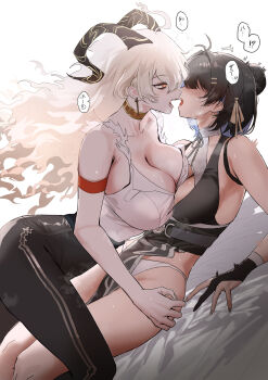 2girls absurdres after_kiss arm_strap bare_shoulders black_hair black_horns black_pants blonde_hair breasts cleavage collarbone colored_inner_hair commentary_request curled_horns earrings female_rover_(wuthering_waves) hair_ornament hair_ribbon hairclip high-waist_pants highres horns jewelry large_breasts long_hair looking_at_another medium_breasts multicolored_hair multiple_girls open_mouth orange_eyes panties pants parallel_hairclips ribbon rover_(wuthering_waves) saliva saliva_trail salmon88 shirt shirt_tucked_in thighs torn_clothes torn_shirt triangle_earrings twitching underwear white_panties white_shirt wuthering_waves yellow_ribbon yuri zani_(wuthering_waves)