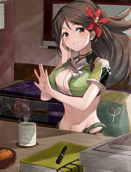 1girl \||/ amagi_(kancolle) amagi_kai_(kancolle) bell blush breasts brown_eyes brown_hair cleavage cleavage_cutout clothing_cutout commission cup desk flower food fruit green_tea grin hair_flower hair_ornament hand_on_own_cheek hand_on_own_face highres jewelry jingle_bell kanmiya_shinobu kantai_collection large_breasts long_hair looking_at_viewer mandarin_orange mole mole_under_eye mug navel neck_bell paper_stack ring short_sleeves shoulder_cutout sitting skeb_commission smile solo steam tassel tea wedding_ring