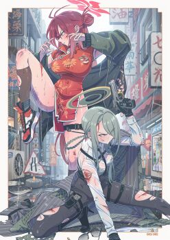 2girls ammunition_pouch antenna_hair aqua_hair aqua_halo artist_name belt_pouch beretta_92 black_bodysuit black_choker black_coat black_gloves bleeding blood blue_archive bodysuit boots bottle braid bullet_hole china_dress chinese_clothes chinese_text choker closed_umbrella coat coat_on_shoulders coat_partially_removed collared_dress collared_shirt condenser_unit covered_navel damaged dress fighting_stance floral_print_jacket full-length_zipper gloves green_jacket gun hair_bun halo handgun high_heel_boots high_heels highres injury iohc_choi jacket jacket_partially_removed long_sleeves mina_(blue_archive) multiple_girls necktie one_eye_covered pouch puddle rain red_eyes red_hair red_halo reijo_(blue_archive) road road_sign shell_casing shirt shoes sign single_braid single_hair_bun sneakers street sunglasses torn_clothes umbrella umbrella_stand vending_machine water_bottle weapon wet_floor white_shirt window zipper