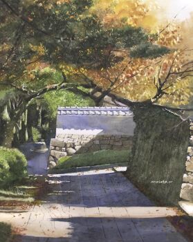 artist_name autumn_leaves bush commentary_request day highres leaf no_humans original outdoors painting_(medium) path road scenery signature sunlight traditional_media tree watanabe_masato watercolor_(medium)