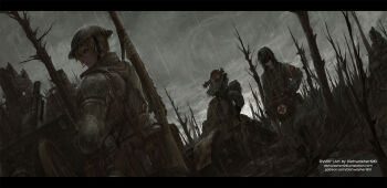 1girl 2boys armband artillery artist_name bare_tree blonde_hair character_request cloud cross dark_cloud dishwasher1910 elbow_pads highres jaune_arc letterboxed lie_ren looking_at_viewer mud multiple_boys nora_valkyrie rain red_cross renault_ft rwby tree watermark web_address world_war_i